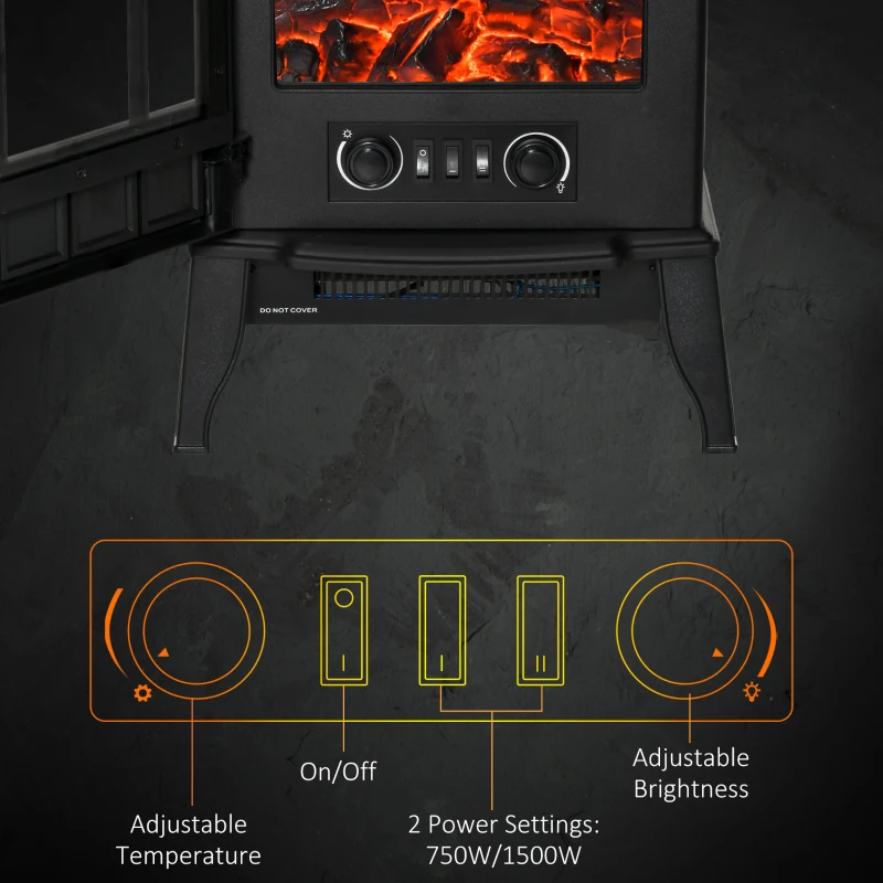 HOMCOM Electric Fireplace Stove, Freestanding Fireplace Heater, 750W/1500W, Black