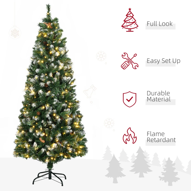 HOMCOM 6' Decorated Christmas Trees, Skinny Prelit Artificial Christmas Tree with Snow-dipped Branches, Auto Open, Pinecones