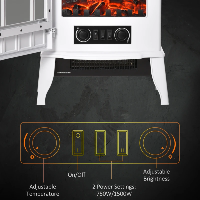 HOMCOM Modern Electric Fireplace, Free Standing Electric Fire with Realistic LED Flame, 750W/1500W, White