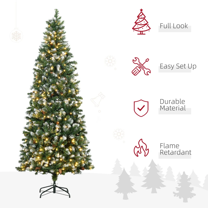 HOMCOM 7.5' Decorated Christmas Trees, Skinny Prelit Artificial Christmas Tree with Snow-dipped Branches, Auto Open, Pinecones