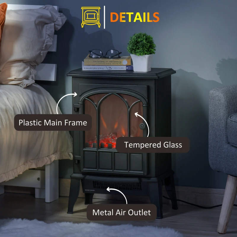 HOMCOM Electric Fireplace Stove, Freestanding Fireplace Heater, 750W/1500W, Black
