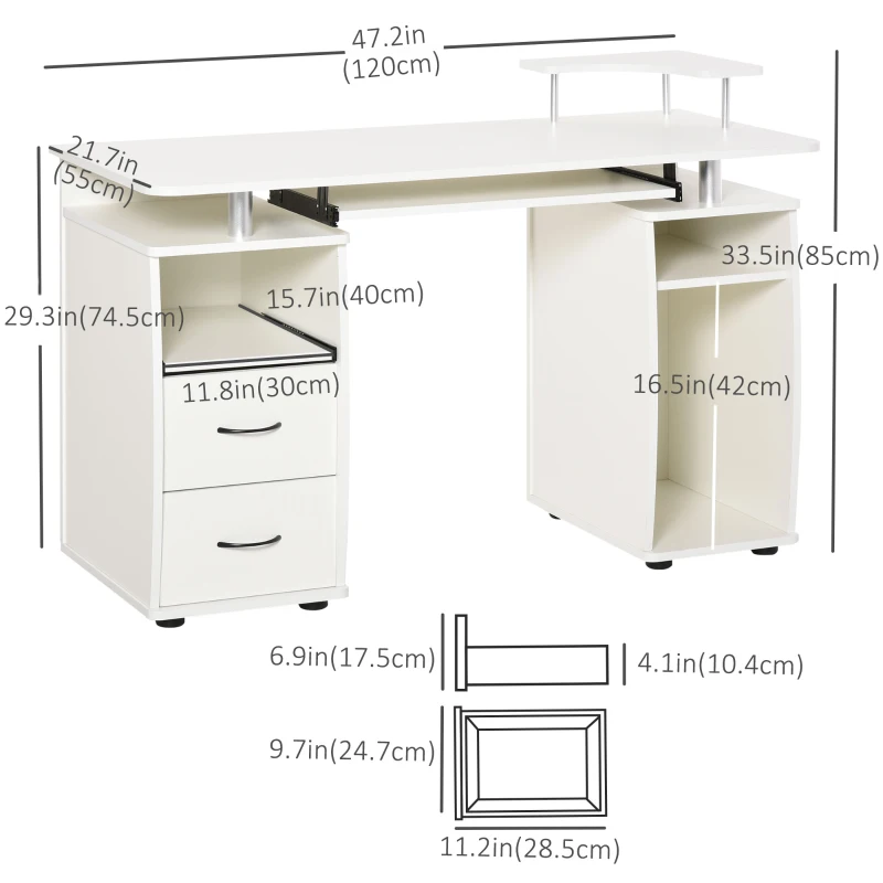 HOMCOM Computer Desk with Keyboard Tray, Home Office Desk with Drawers, CPU Stand, Printer Stand and Open Shelves, Writing Workstation for Study, White