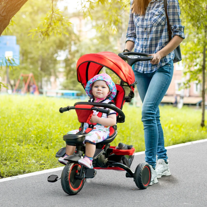 3-in-1 Baby Tricycle with Sun Canopy & Parent Push Handle – Red & Black