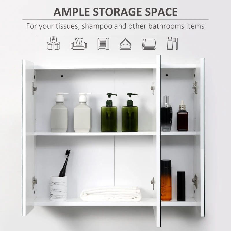 kleankin 28" x 24" Wall Mounted Mirror Cabinet, Bathroom Medicine Cabinet with Mirror, 3 Doors and Adjustable Shelves, White