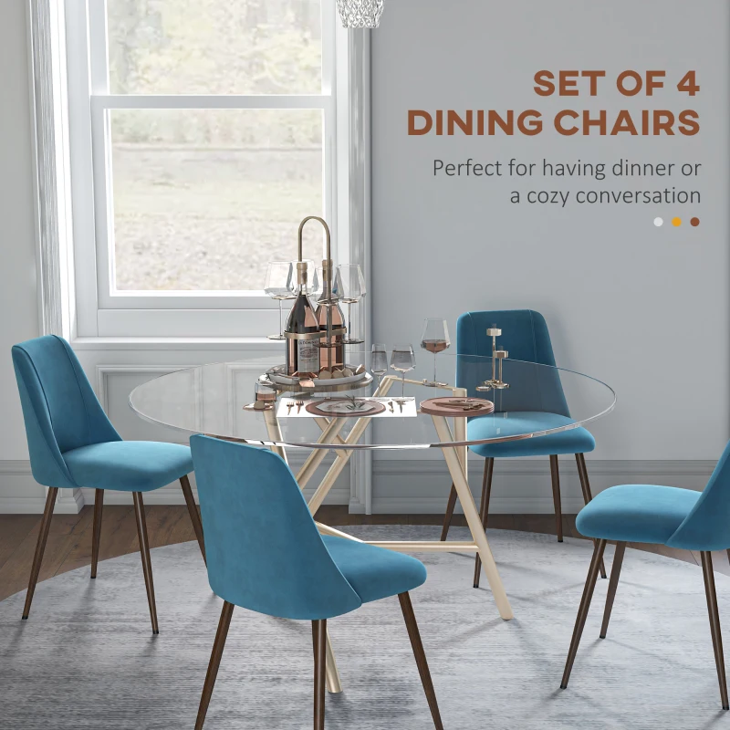 HOMCOM Upholstered Dining Chairs Set of 4, Velvet Accent Chair with Back and Wood-grain Steel Leg for Kitchen, Blue