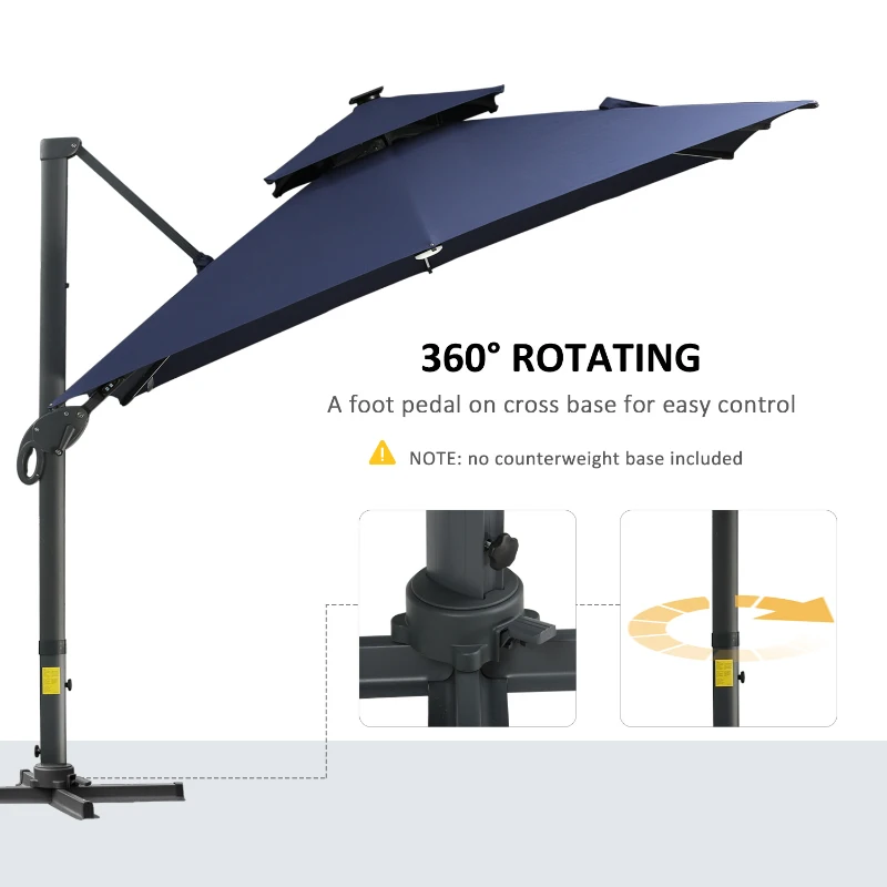 Outsunny 10x10ft Shade Umbrella with Solar LED Cold Lighted & Power Bank with Adjustable Angle for Backyard, Dark Blue