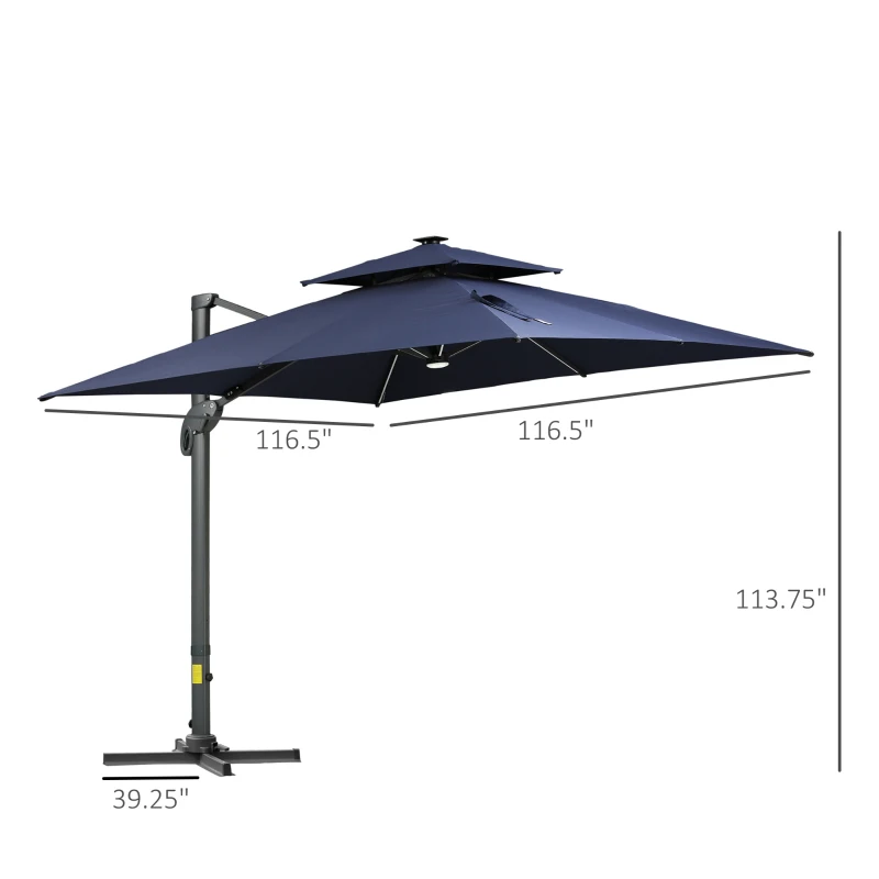 Outsunny 10x10ft Shade Umbrella with Solar LED Cold Lighted & Power Bank with Adjustable Angle for Backyard, Dark Blue