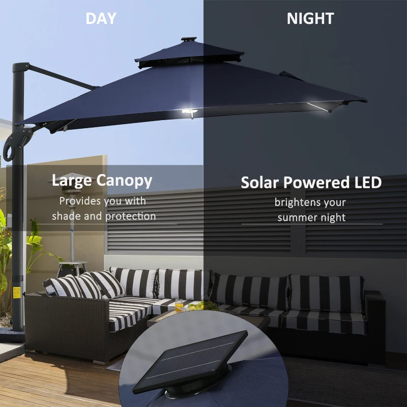 Outsunny 10x10ft Shade Umbrella with Solar LED Cold Lighted & Power Bank with Adjustable Angle for Backyard, Dark Blue