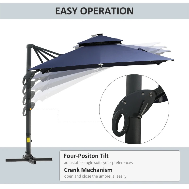 Outsunny 10x10ft Shade Umbrella with Solar LED Cold Lighted & Power Bank with Adjustable Angle for Backyard, Dark Blue