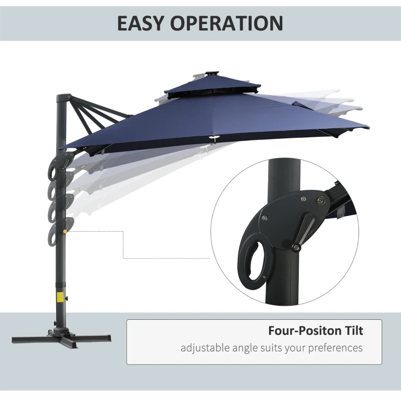 Outsunny 10x10ft Shade Umbrella with Solar LED Cold Lighted & Power Bank with Adjustable Angle for Backyard, Dark Blue
