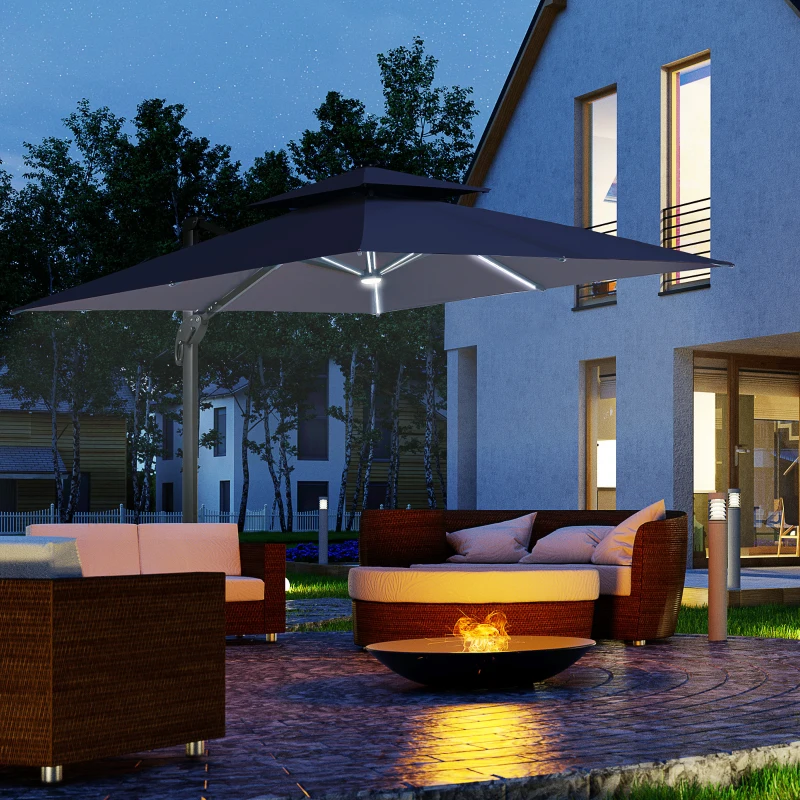 Outsunny 10x10ft Shade Umbrella with Solar LED Cold Lighted & Power Bank with Adjustable Angle for Backyard, Dark Blue