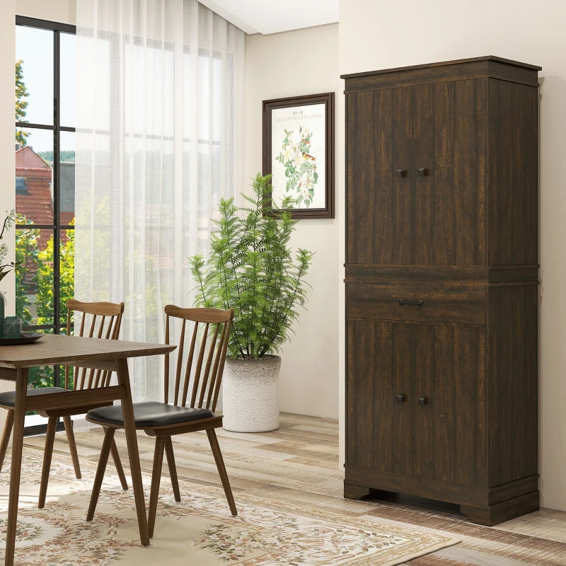 HOMCOM 72" 4-Door Kitchen Pantry with Drawer and 3 Shelves, Walnut