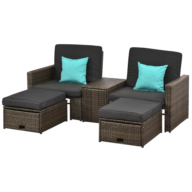 Outsunny 5 Pieces Wicker Patio Furniture Set with Cushions, Outdoor PE Rattan Sofa Set w/ Adjustable Chaise Lounge Chair, Storage Coffee Table, Ottomans, Dark Grey