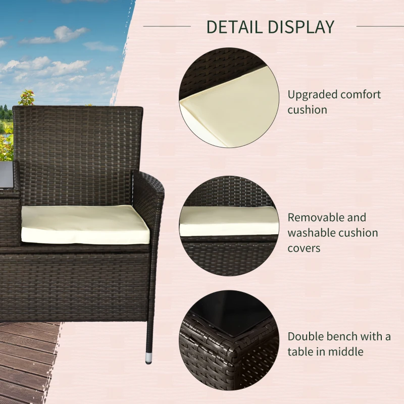 Outsunny 2 Seat Rattan Wicker Chair Garden Bench with Tea Table Backyard All Weather Padded Seat, Brown