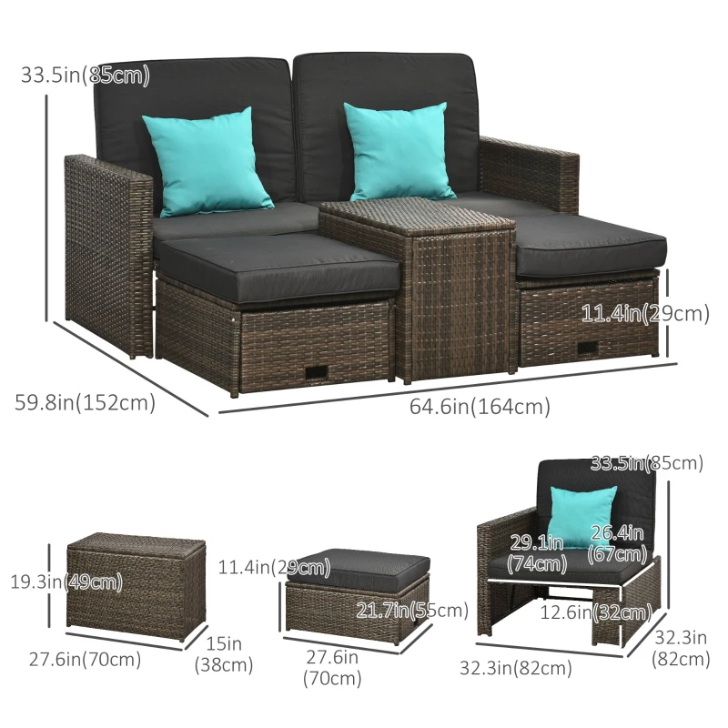 Outsunny 5 Pieces Wicker Patio Furniture Set with Cushions, Outdoor PE Rattan Sofa Set w/ Adjustable Chaise Lounge Chair, Storage Coffee Table, Ottomans, Dark Grey