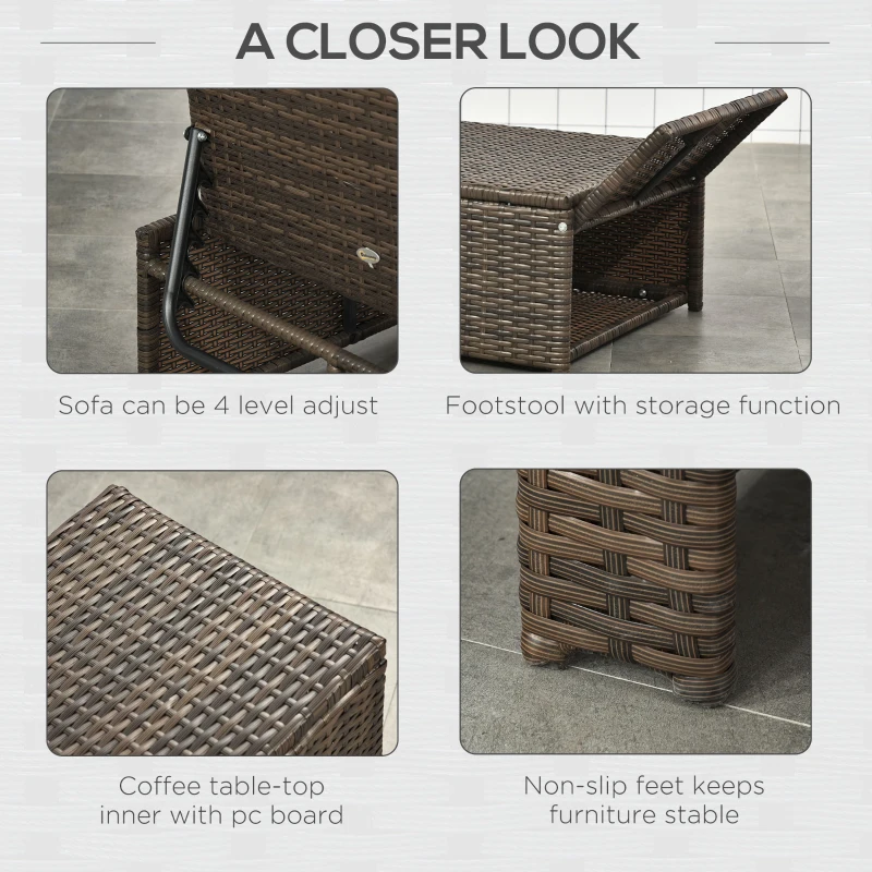 Outsunny 5 Pieces Wicker Patio Furniture Set with Cushions, Outdoor PE Rattan Sofa Set w/ Adjustable Chaise Lounge Chair, Storage Coffee Table, Ottomans, Dark Grey