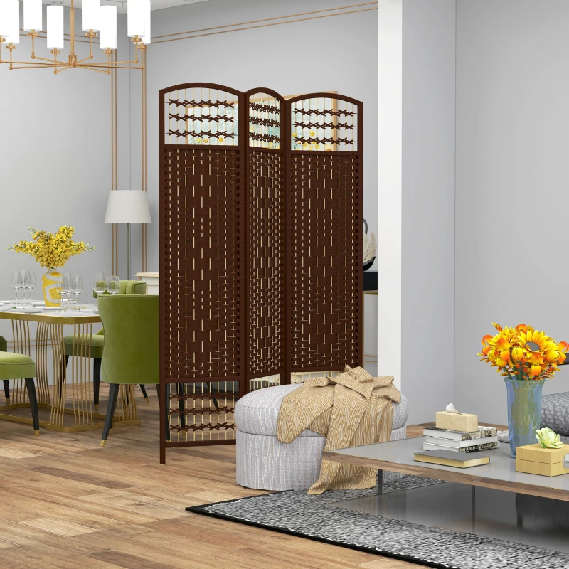 HOMCOM 3 Panel Folding Room Divider Portable Privacy Screen Wave Fiber Room Partition for Home Office Brown