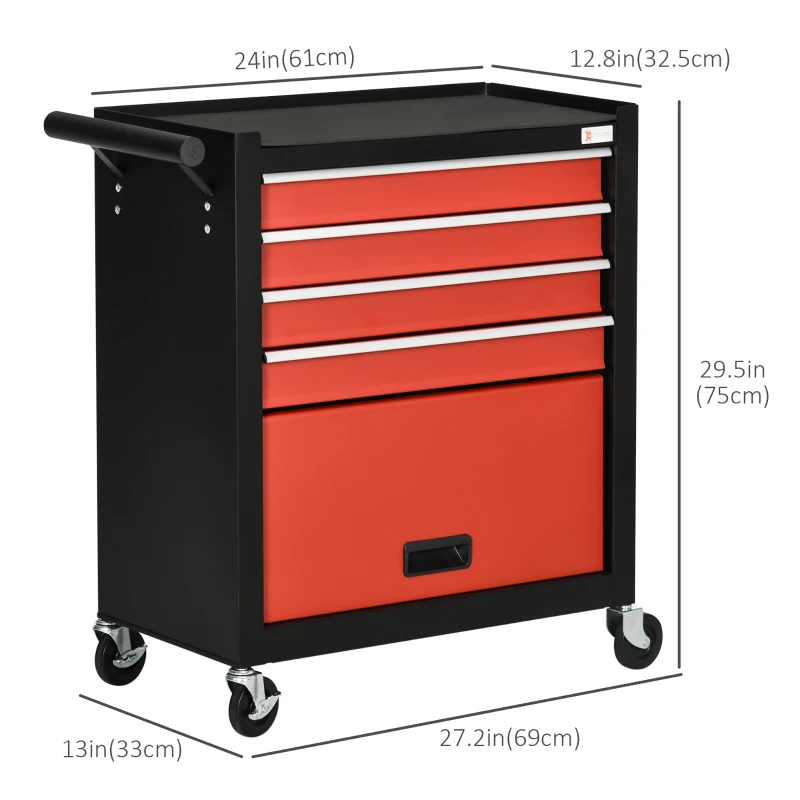 DURHAND 4-Drawer Tool Chest with 4 Wheels, Rolling Tool Box and Storage Cabinet, Portable Tool Organizer for Garage, Red