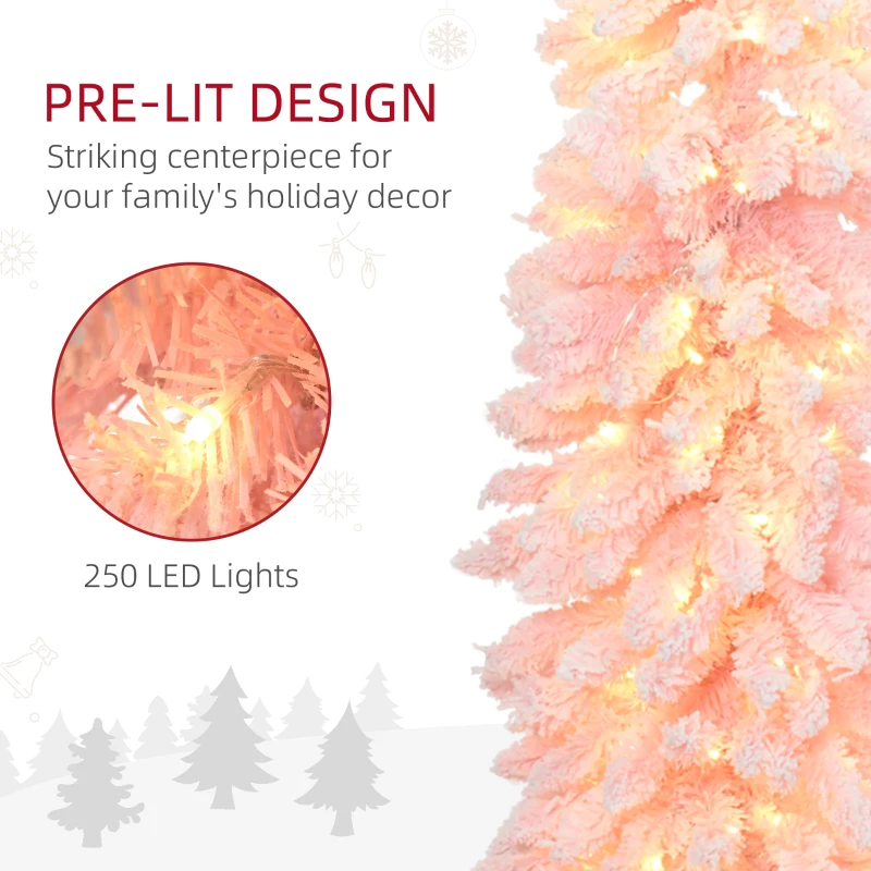 HOMCOM 7' Flocked Christmas Trees, Pencil Prelit Artificial Christmas Tree with Snow Downswept Branches, Pink