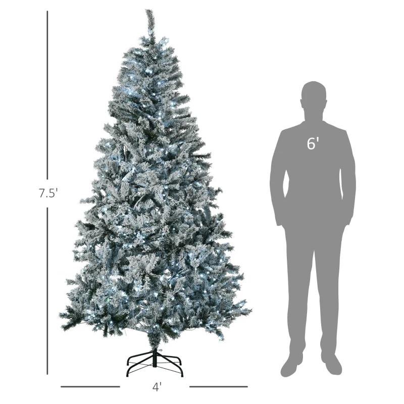 HOMCOM 7.5' Prelit Artificial Flocked Christmas Trees, with Snow Frosted Branches, Cold White LED Lights, Auto Open