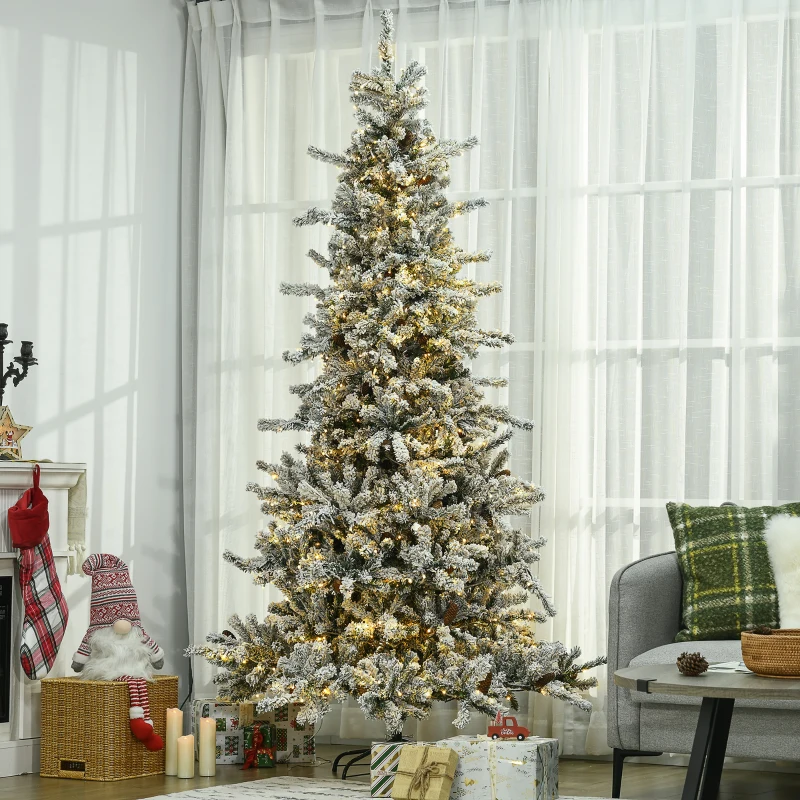 HOMCOM 7.5' Pre Lit Artificial Flocked Christmas Trees, with Snow Branches, Warm White LED Lights, Auto Open, Pine Cones
