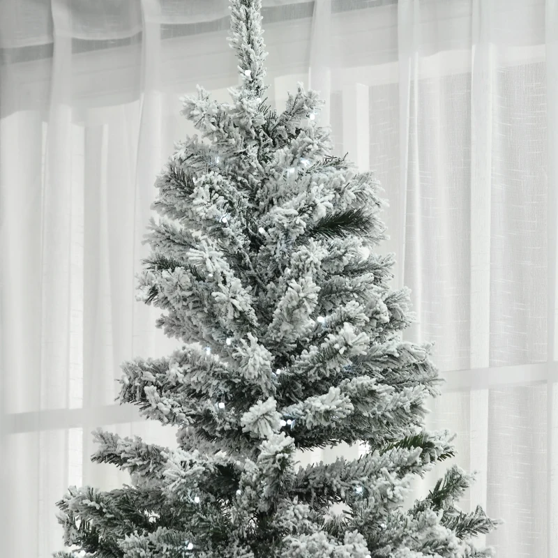 HOMCOM 7.5' Prelit Artificial Flocked Christmas Trees, with Snow Frosted Branches, Cold White LED Lights, Auto Open