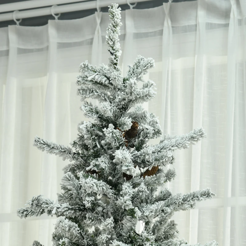 HOMCOM 7.5' Pre Lit Artificial Flocked Christmas Trees, with Snow Branches, Warm White LED Lights, Auto Open, Pine Cones