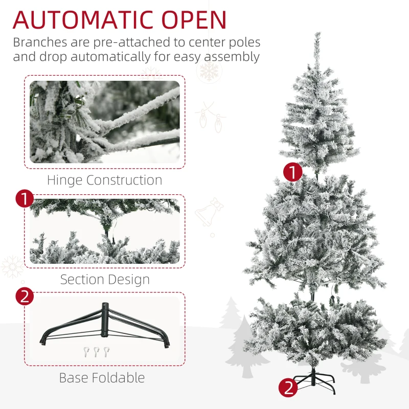 HOMCOM 6' Prelit Artificial Flocked Christmas Trees, with Snow Frosted Branches, Cold White LED Lights, Auto Open