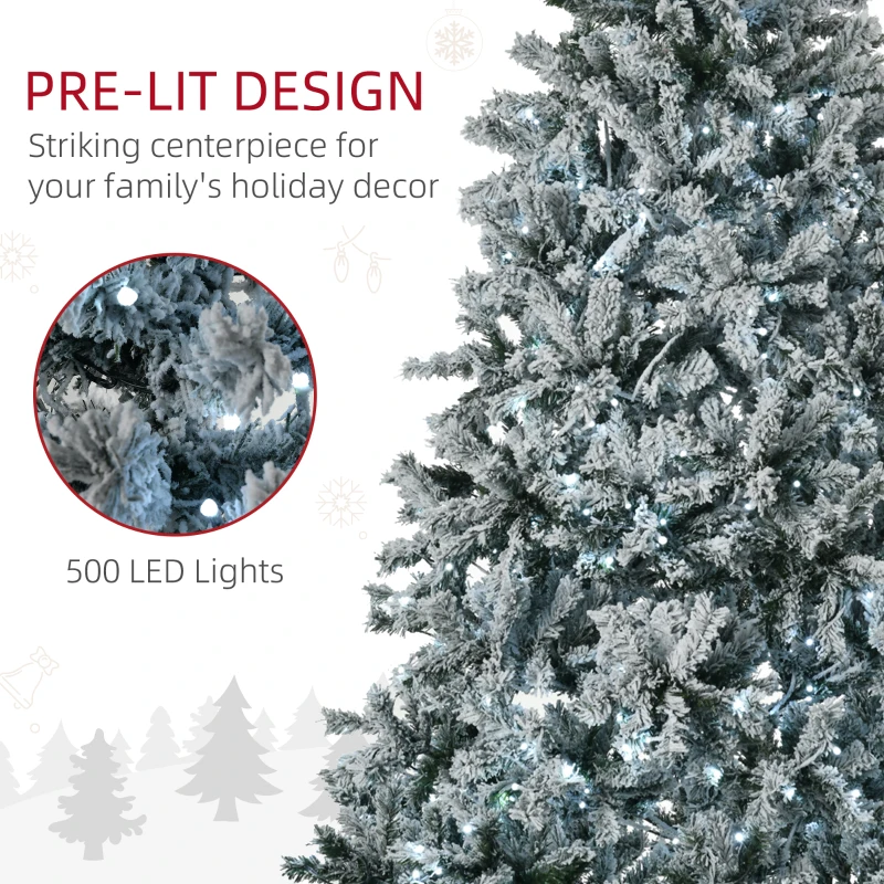 HOMCOM 7.5' Prelit Artificial Flocked Christmas Trees, with Snow Frosted Branches, Cold White LED Lights, Auto Open