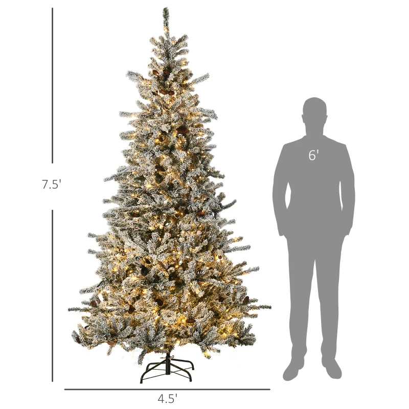 HOMCOM 7.5' Pre Lit Artificial Flocked Christmas Trees, with Snow Branches, Warm White LED Lights, Auto Open, Pine Cones