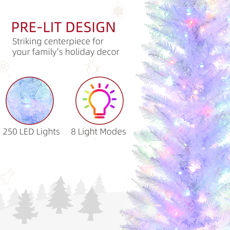 HOMCOM 7' Prelit Christmas Trees, Pencil Artificial Christmas Tree with Colorful Surface Branches, Colorful LED Lights, White