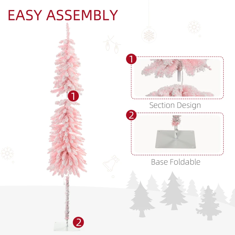 HOMCOM 7' Flocked Christmas Trees, Pencil Prelit Artificial Christmas Tree with Snow Downswept Branches, Pink