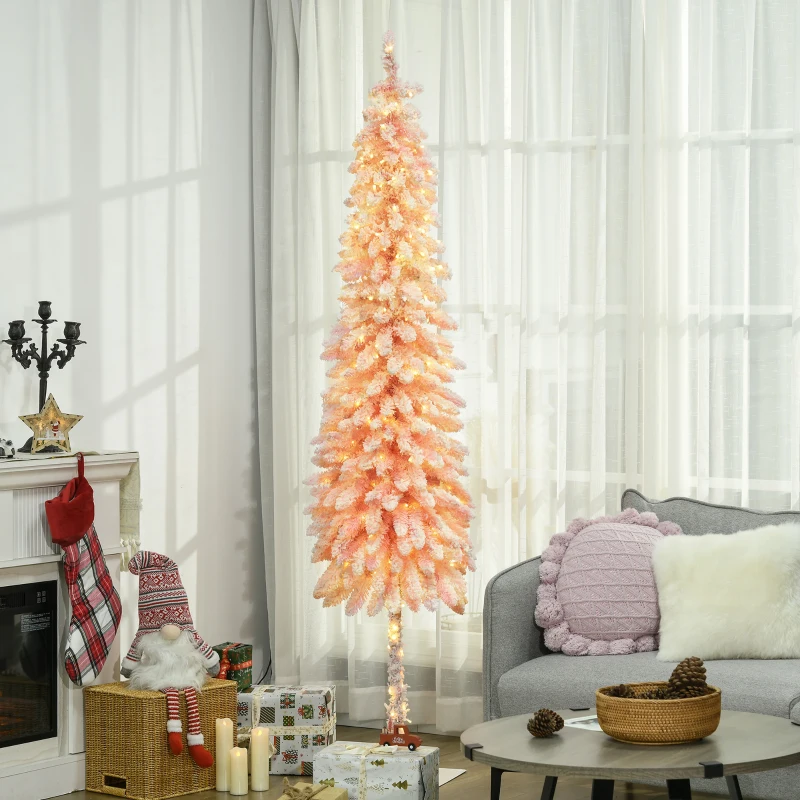 HOMCOM 7' Flocked Christmas Trees, Pencil Prelit Artificial Christmas Tree with Snow Downswept Branches, Pink