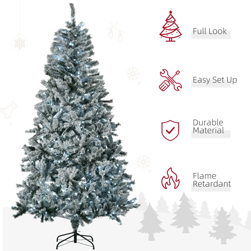 HOMCOM 7.5' Prelit Artificial Flocked Christmas Trees, with Snow Frosted Branches, Cold White LED Lights, Auto Open