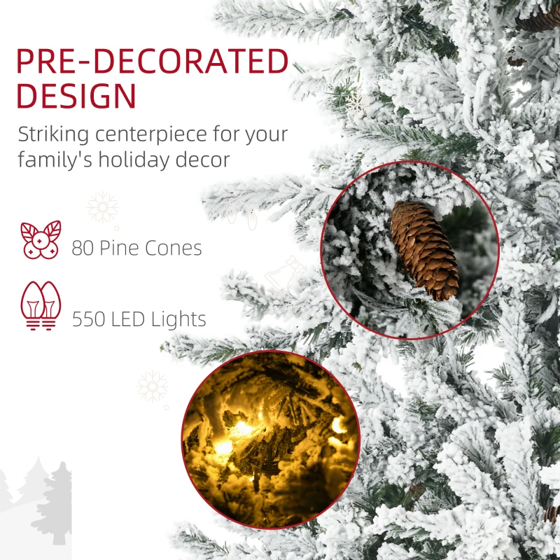 HOMCOM 7.5' Pre Lit Artificial Flocked Christmas Trees, with Snow Branches, Warm White LED Lights, Auto Open, Pine Cones