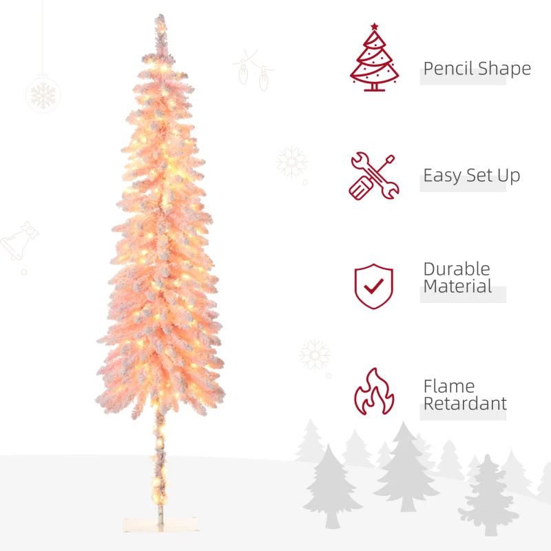 HOMCOM 7' Flocked Christmas Trees, Pencil Prelit Artificial Christmas Tree with Snow Downswept Branches, Pink