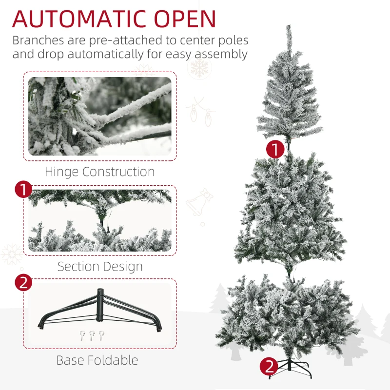 HOMCOM 7.5' Prelit Artificial Flocked Christmas Trees, with Snow Frosted Branches, Cold White LED Lights, Auto Open