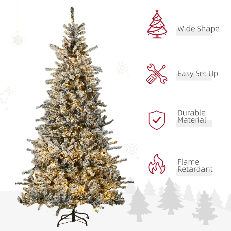 HOMCOM 7.5' Pre Lit Artificial Flocked Christmas Trees, with Snow Branches, Warm White LED Lights, Auto Open, Pine Cones