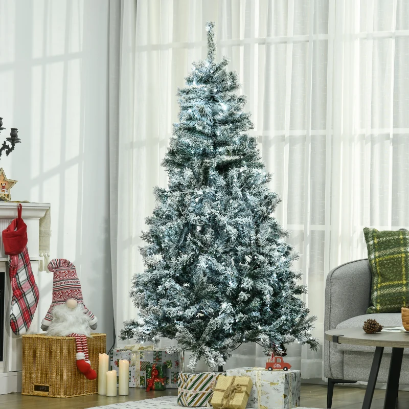 HOMCOM 6' Prelit Artificial Flocked Christmas Trees, with Snow Frosted Branches, Cold White LED Lights, Auto Open
