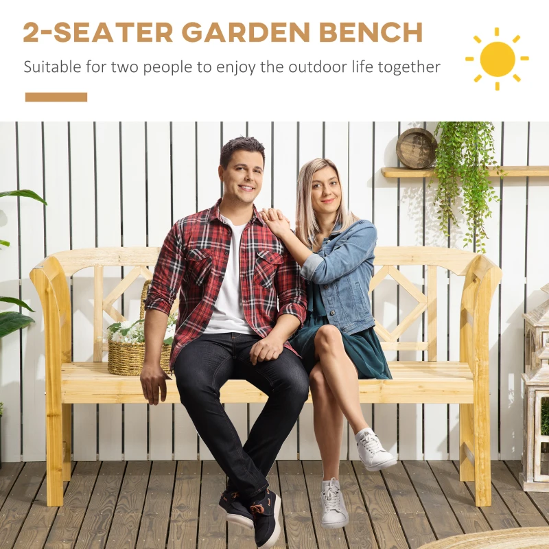Outsunny Wooden Patio Bench, Outdoor Garden Bench with Backrest and Armrests, 3 Person Porch Bench with Rustic Country Diamond Pattern, Natural