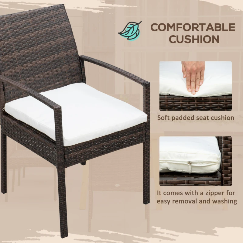 Outsunny Outdoor Dining Set for 6, Patio Dining Furniture Set with PE Wicker Chairs, Armrests, Acacia Wood Loveseat Bench & Dinner Table, Cushions, White