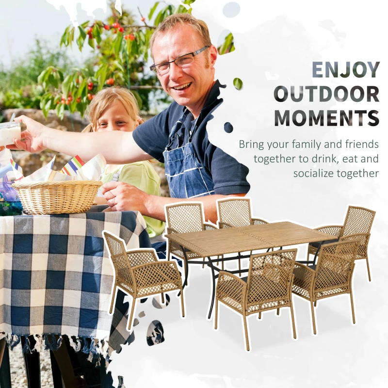 Outsunny 7 Pieces Outdoor Dining Set for 6, Wicker Rattan Patio Furniture Set, Patio Table and Chairs Set with Cushions, Plastic Wood Table Top, Conversation Set for Garden, Backyard, Deck, Tan