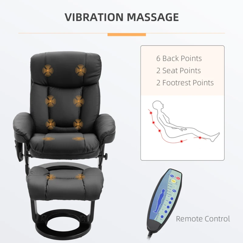 HOMCOM Faux PU Leather Electric Massage Recliner Padded Couch Chair w/ Stool Footrest Ottoman, Remote Control, 10 Vibration Point, Side Pockets, Black