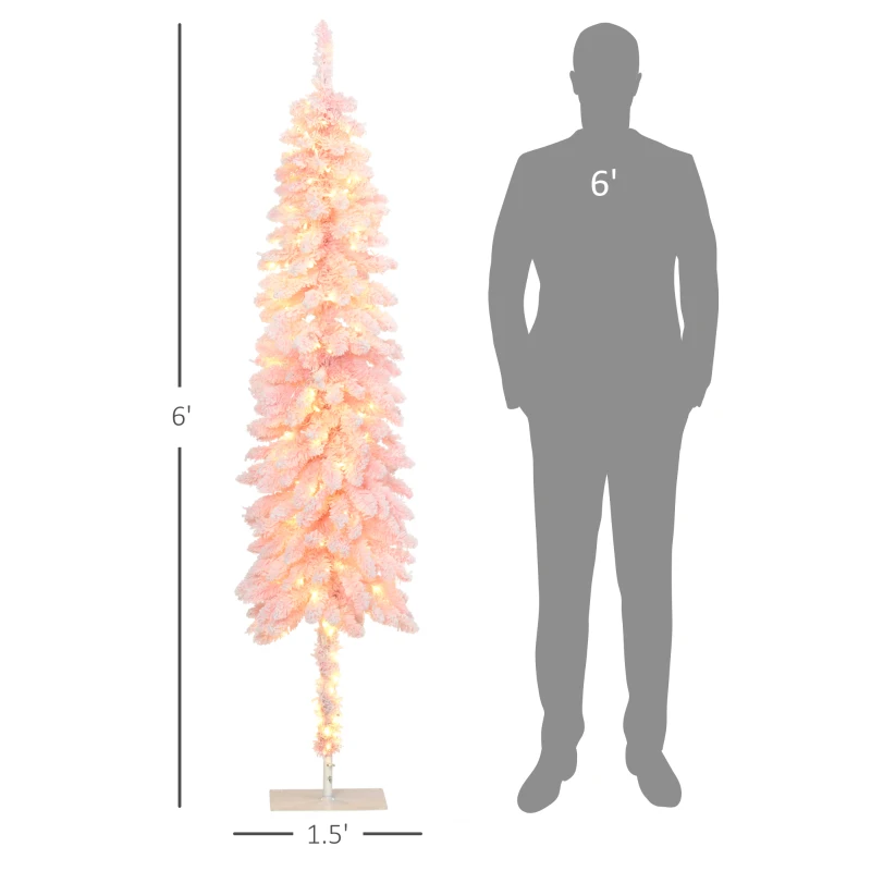 HOMCOM 6' Flocked Christmas Trees, Pencil Prelit Artificial Christmas Tree with Snow Downswept Branches, Pink