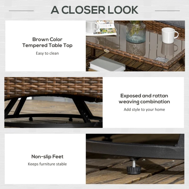 Outsunny 4 Piece PE Rattan Outdoor Patio Furniture Set, Wicker Conversation Set with 2 Swivel Glider Chairs, 2-Tier Glass Table and Loveseat for Garden, Patio, Poolside, Gray