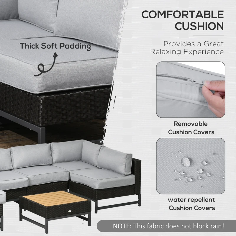 Outsunny 7 Piece Outdoor Patio Furniture Set with 4.75" Thick Cushions, Aluminum Frame Outdoor PE Rattan Wicker Sectional Sofa Set with Slat Wood Grain Plastic Top Coffee Table, Light Gray