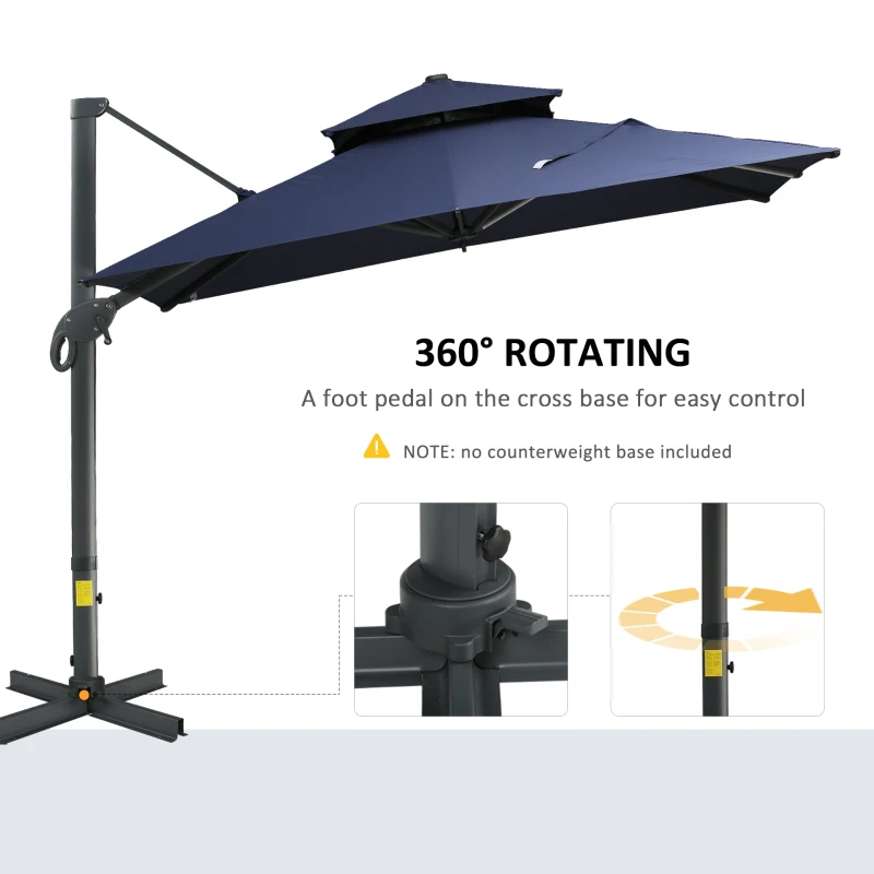 Outsunny 10ft Offset Patio Umbrella, Hanging Cantilever Umbrella, Square Shape, Aluminum Cross Base, Tilt, 360-Degree Rotation, Blue