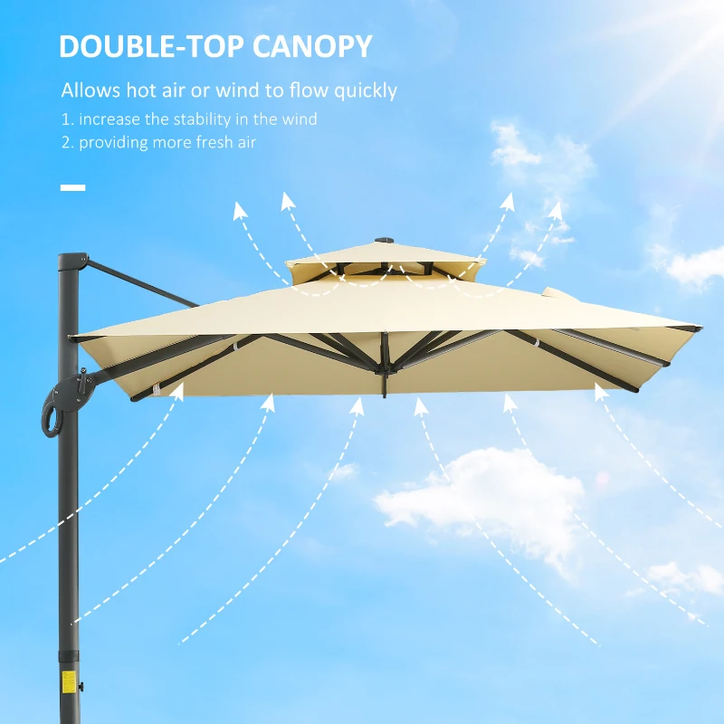 Outsunny 10ft Offset Patio Umbrella, Hanging Cantilever Umbrella, Square Shape, Aluminum Cross Base, Tilt, 360-Degree Rotation, Beige