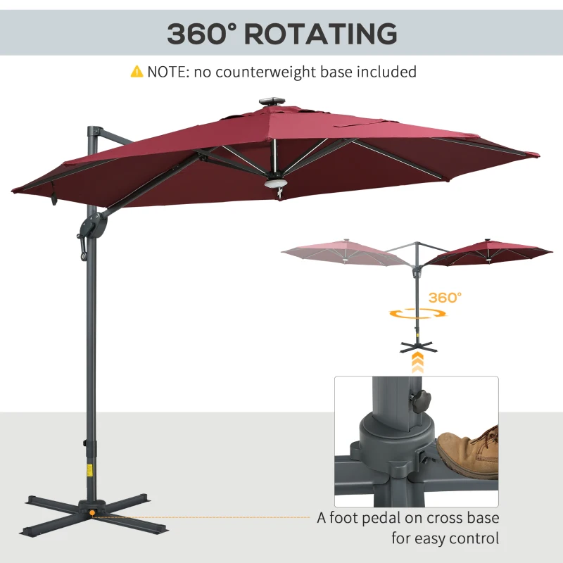 Outsunny 10ft Solar LED Cantilever Patio Umbrella, Aluminum Hanging Offset Umbrella Outdoor Sun Shade with 360 Degree Rotation, Lights, Tilt, Crank, Cross Base, Burgundy