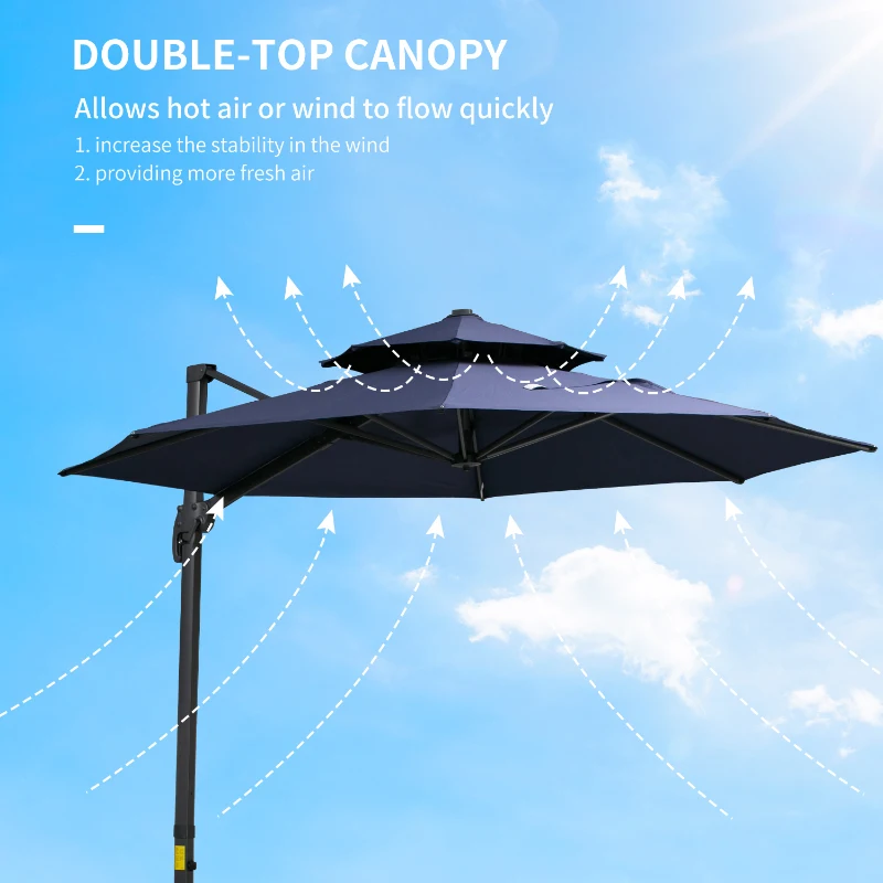 Outsunny 11ft Cantilever Patio Umbrella with Base, Double Top Hanging Aluminum Offset Umbrella with 360° Rotation, Easy Tilt, 8 Ribs, Crank, Cross Base for Backyard, Dark Blue